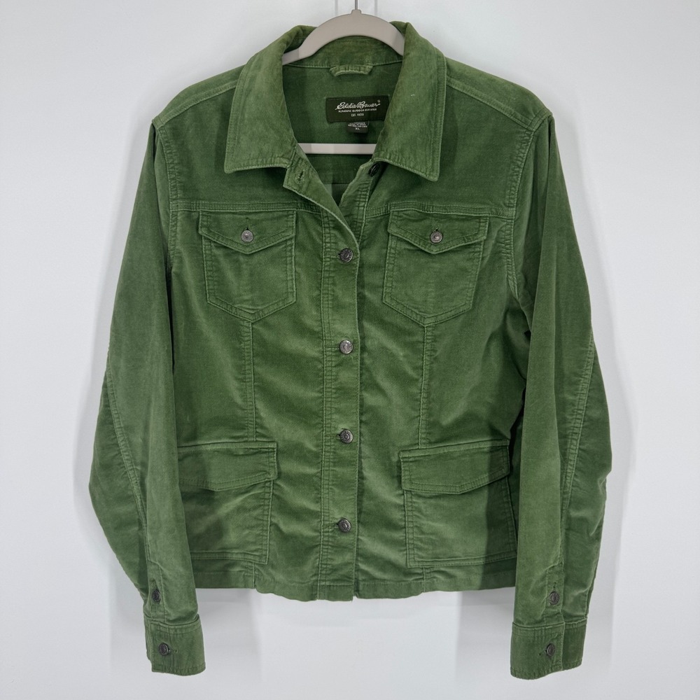 Vintage Eddie Bauer XL Green Velvet Velour Trucker Button Up Jacket Fall Barn